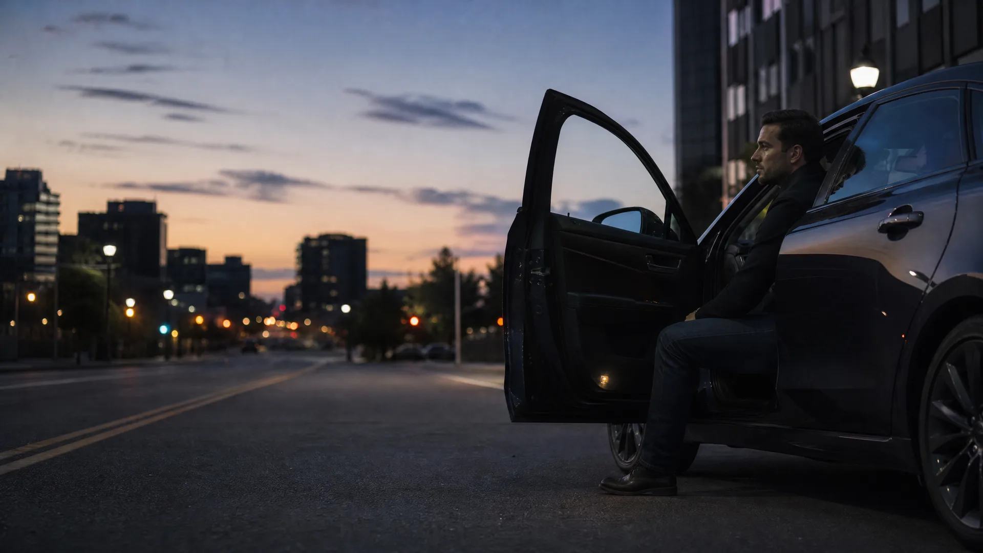 A man in a dark jacket and jeans sits sideways in the open driver's doorway of a dark car parked on a city street at dusk, with a distant skyline and street lights behind him.