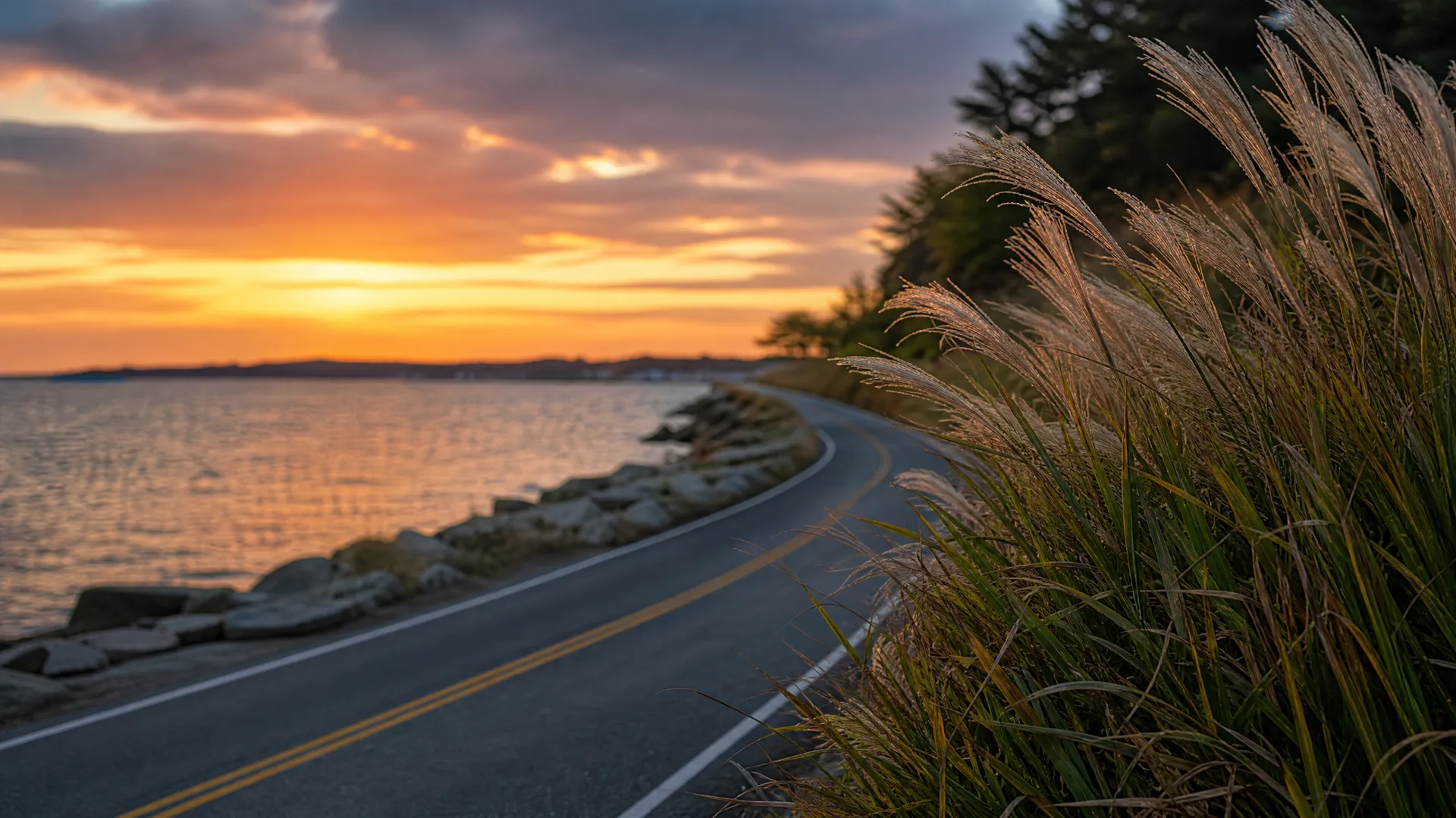 A two-lane road with a double yellow center line curves along a rocky shoreline at sunset, with tall plumed grasses and trees on the right bank and water and orange sky on the left.