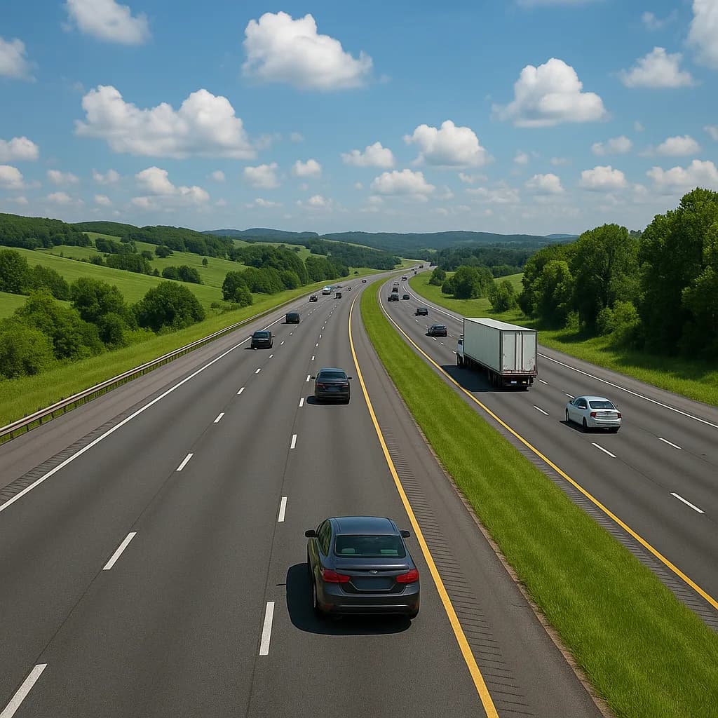 Highway with traffic through green rolling hills under blue sky with white clouds