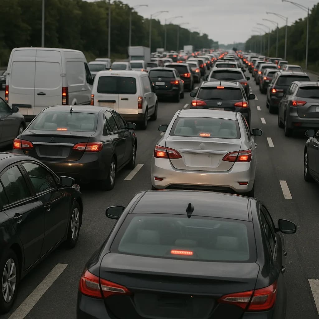 Heavy traffic congestion on multi-lane highway with cars brake lights on and trees lining both sides