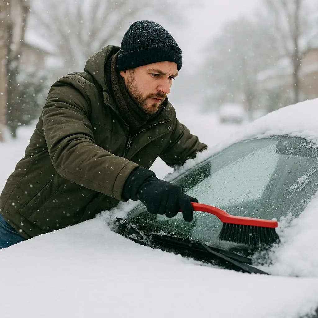 Man in winter coat brushing snow off car windshield during snowfall
