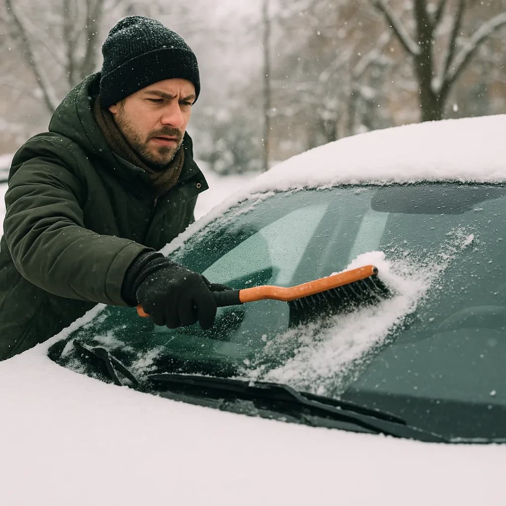 Man in winter coat and beanie clearing snow from car windshield with brush during snowfall
